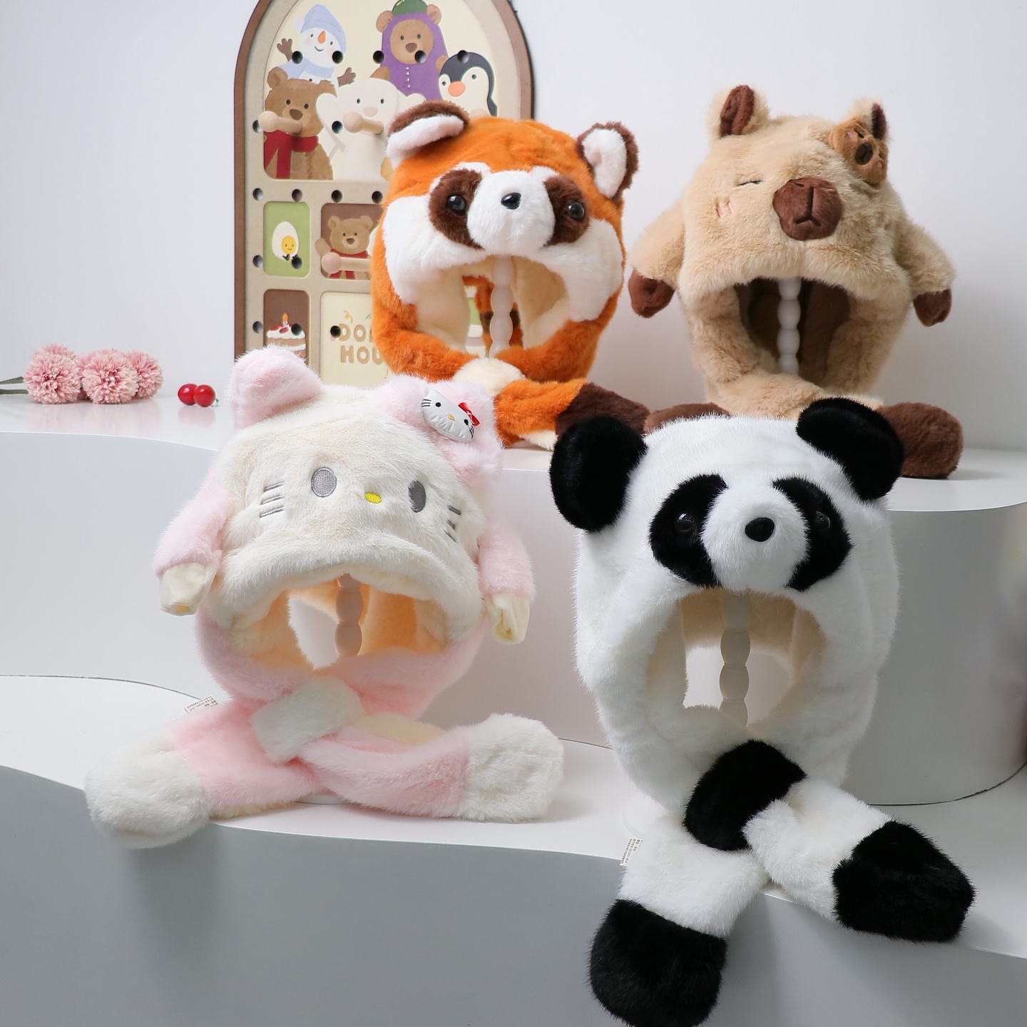 可爱卡通毛绒帽子围巾一体男女童