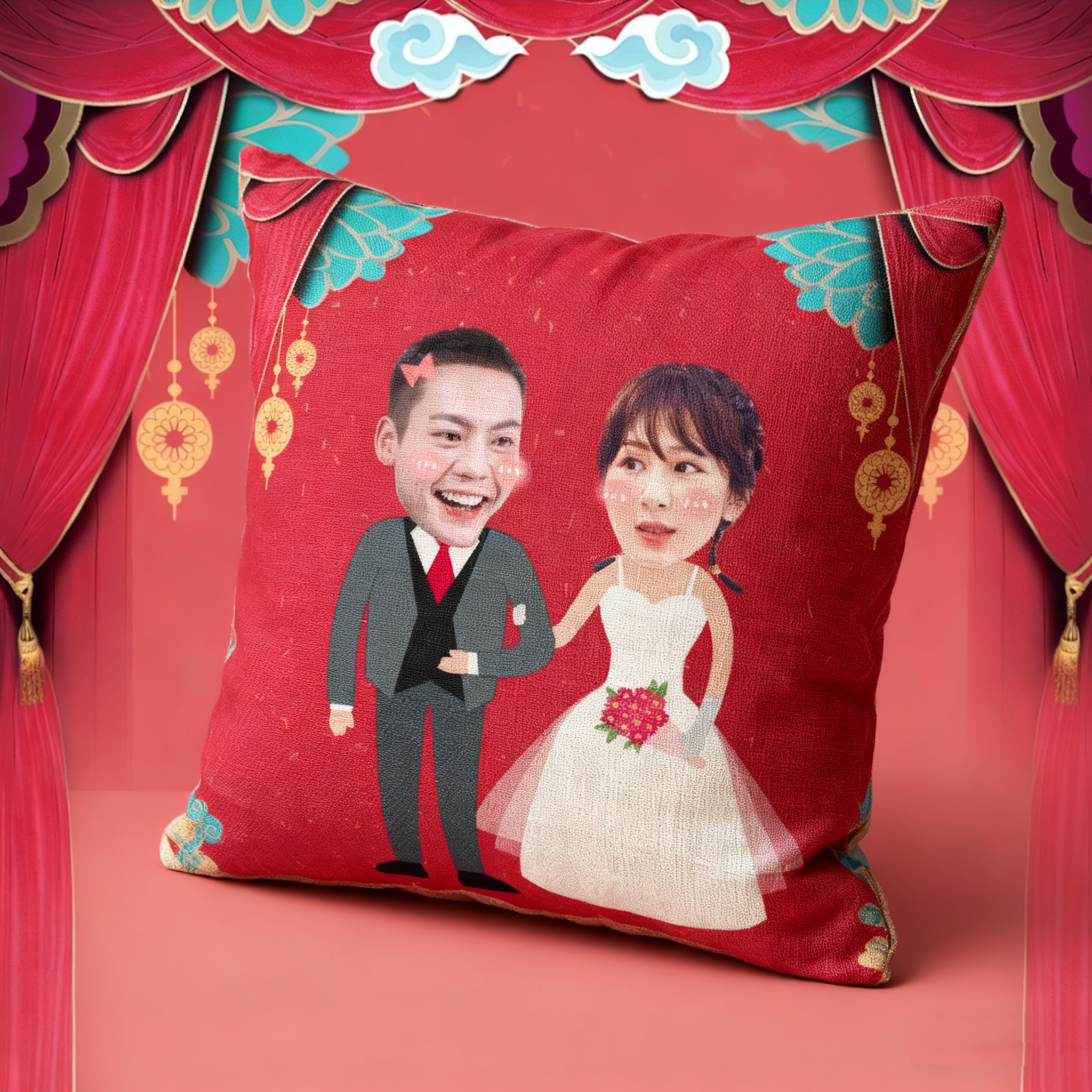 结婚抱枕定制头像情侣照片新婚婚房卧室喜字礼物婚庆红色双面靠垫图片