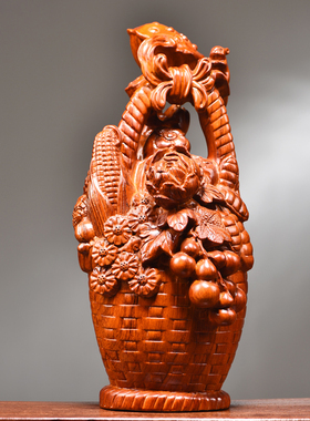 花梨木雕大丰收花篮摆件实木装饰
