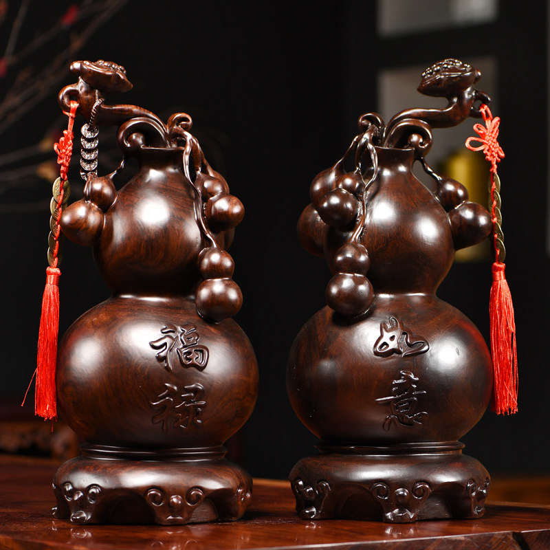 黑檀木雕福禄如意葫芦摆件实木客厅家居玄关电视柜装饰红木工艺品