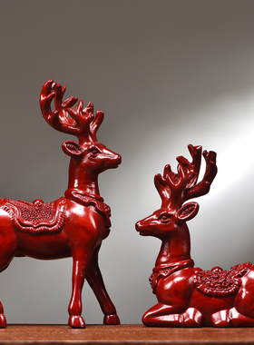 红花梨木雕梅花鹿摆件实木一对