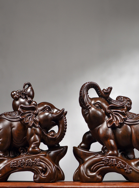 木雕大象摆件一对实木新中式装饰