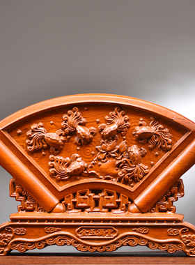 花梨木雕金玉满堂屏风扇形摆件