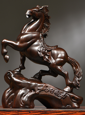 黑檀木雕马摆件实木新中式马到成功家居客厅书房办公桌面装饰礼品