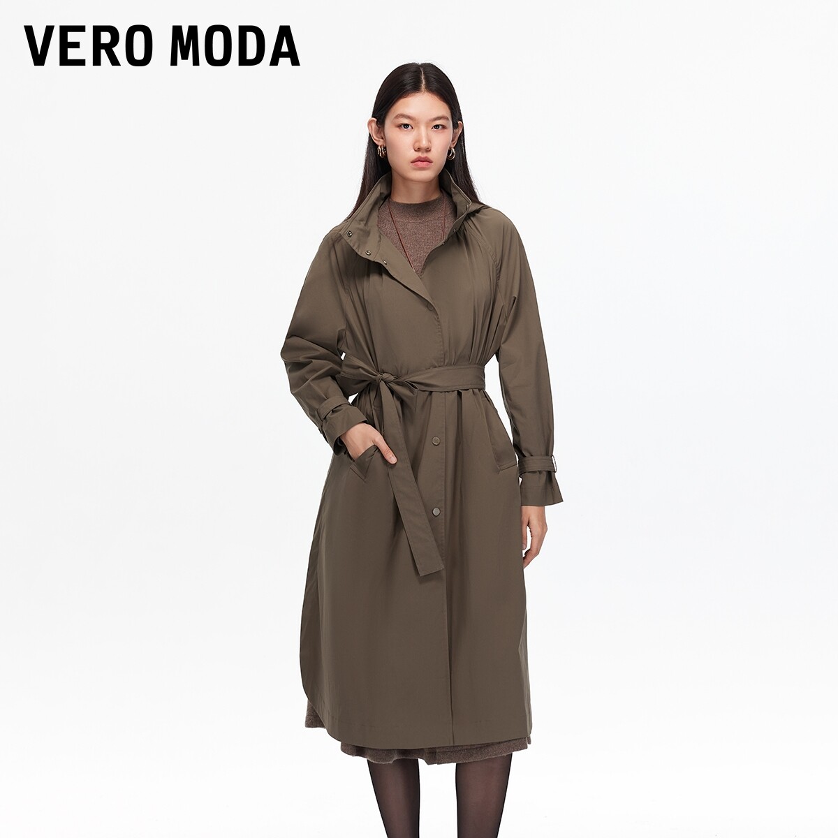 Vero Moda风衣2026春季含棉捏褶小立领纯色外套326121001