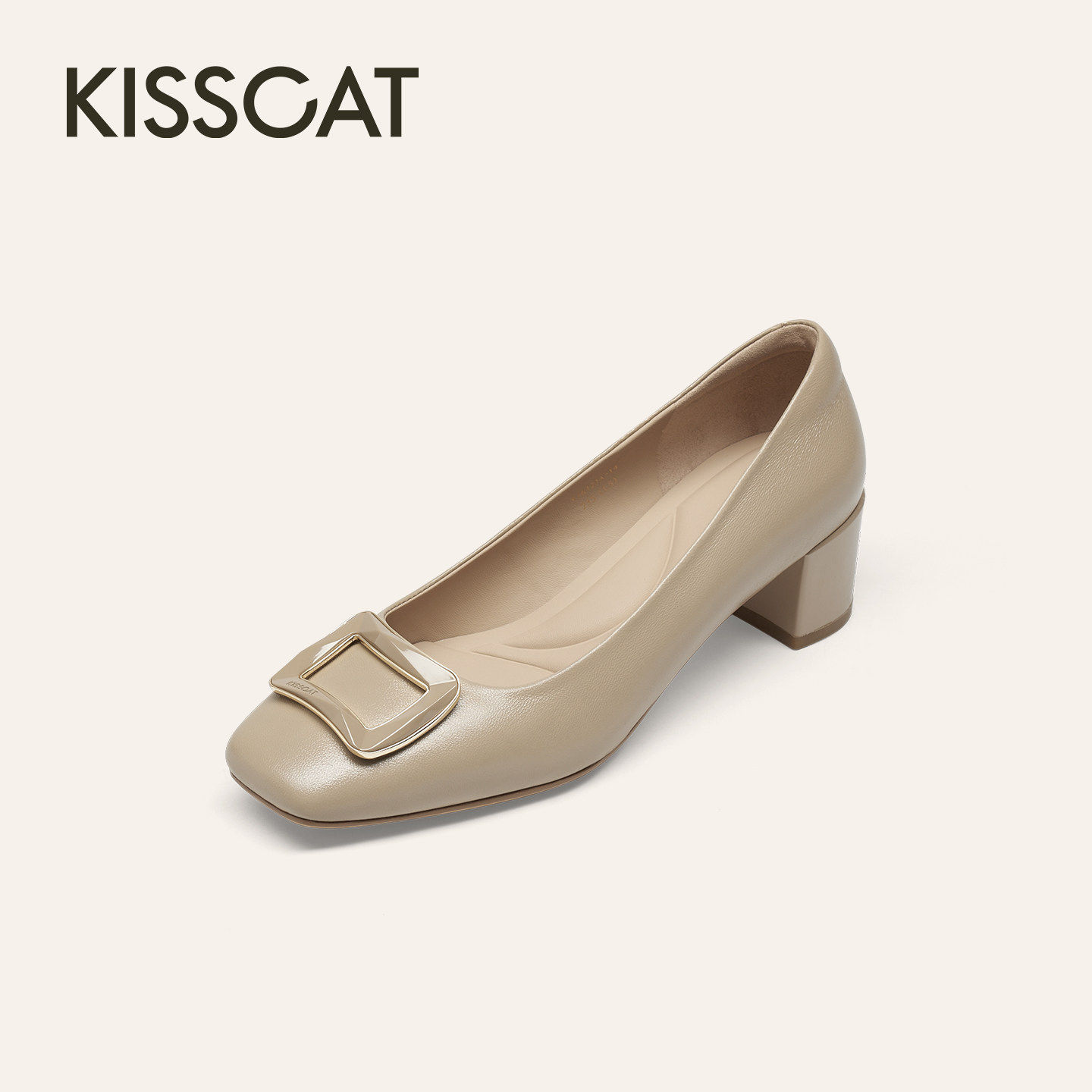 KISSCAT接吻猫[银锭系列]26年春通勤气质方头粗跟单鞋K76121A-14
