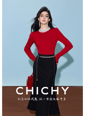 【柔软绵羊毛】CHICHY红色修身毛针织衫设计感打底上衣CW0D005243