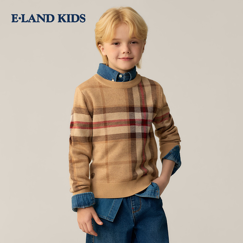 eland kids衣恋童装男童针织衫26年春复古格纹刺绣毛衣EKKWG1204A