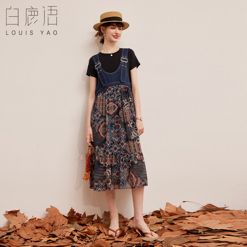白鹿语时尚背带裙夏季休闲无弹牛仔拼接碎花大裙摆女式连衣裙