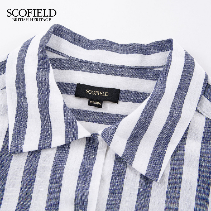 Scofield女装都市条纹衬衫连衣裙刺绣Logo夏季