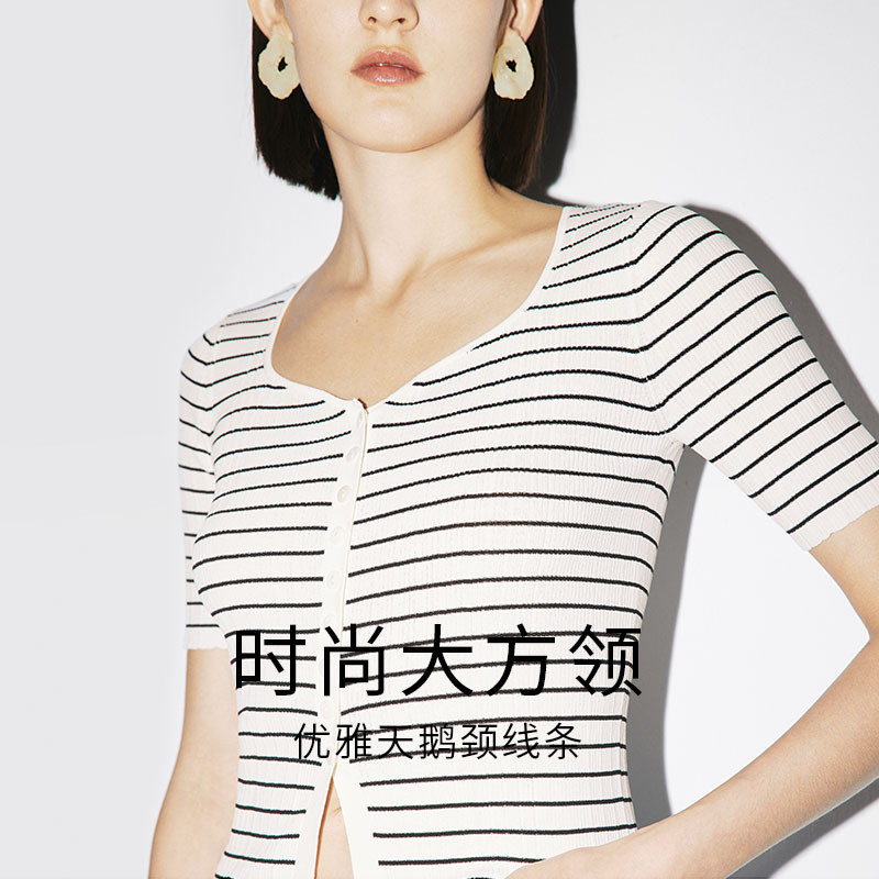 MM麦檬冰丝白色条纹修身短袖针织衫女5E4331641图片