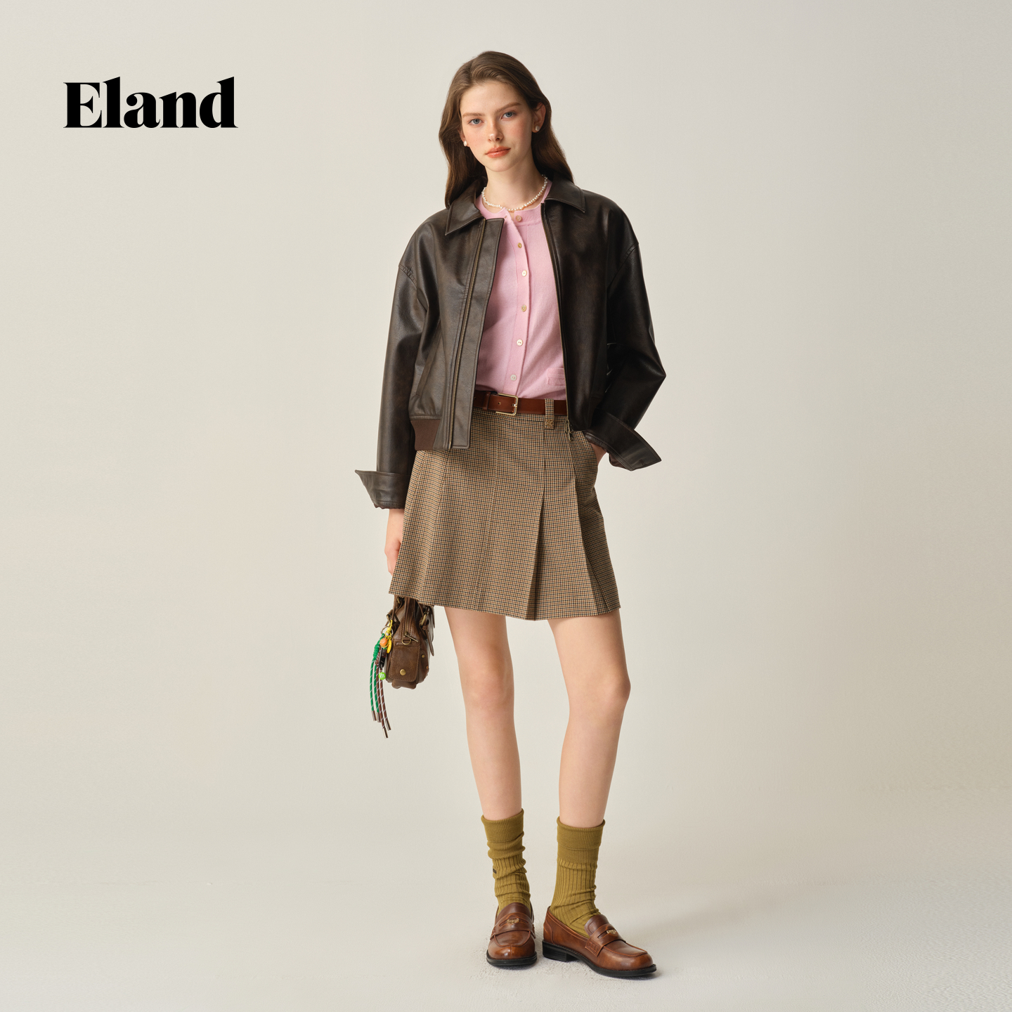 Eland半身裙女老钱风格纹显瘦短裙2025秋季新款EEWHF49M07