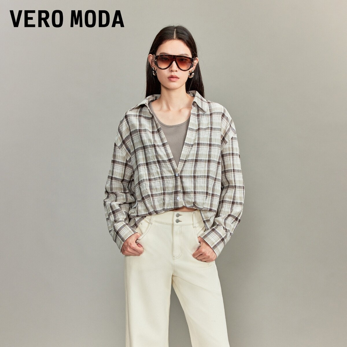 Vero Moda衬衫女2026秋季拼接复古格纹上衣百搭通勤326305025