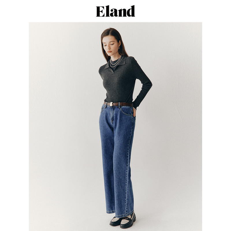 Eland毛衣秋冬女套头罗纹紧身刺绣LOGO撞色袖口上衣EEKWD49E08