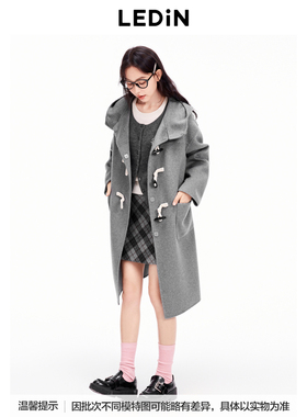 乐町冬连帽牛角扣双面呢羊毛大衣C2AAE4310