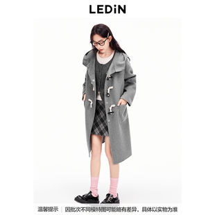 乐町冬连帽牛角扣双面呢羊毛大衣C2AAE4310