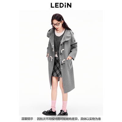 乐町冬连帽牛角扣双面呢羊毛大衣C2AAE4310