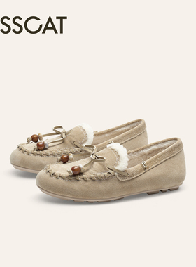 KISSCAT接吻猫豆豆鞋25冬真皮软底加绒乐福鞋毛毛鞋女KA65527-51