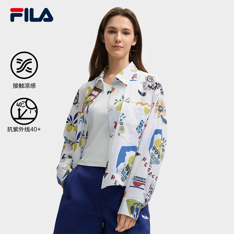 FILA 斐乐女子梭织上衣夏时尚休闲宽松涂鸦长袖衬衫F11W528702F