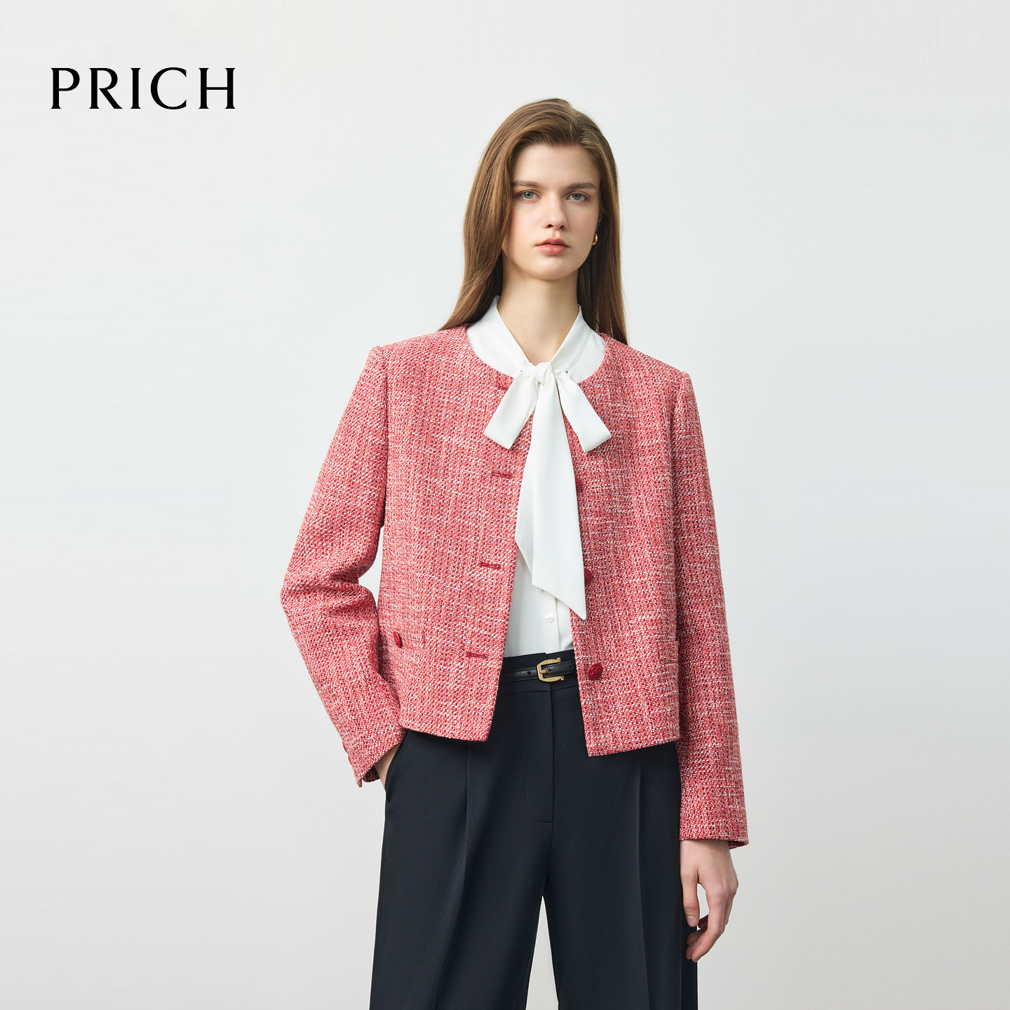 PRICH时尚小香风红色花纱肌理亮丝西装2026春季气质短外套女