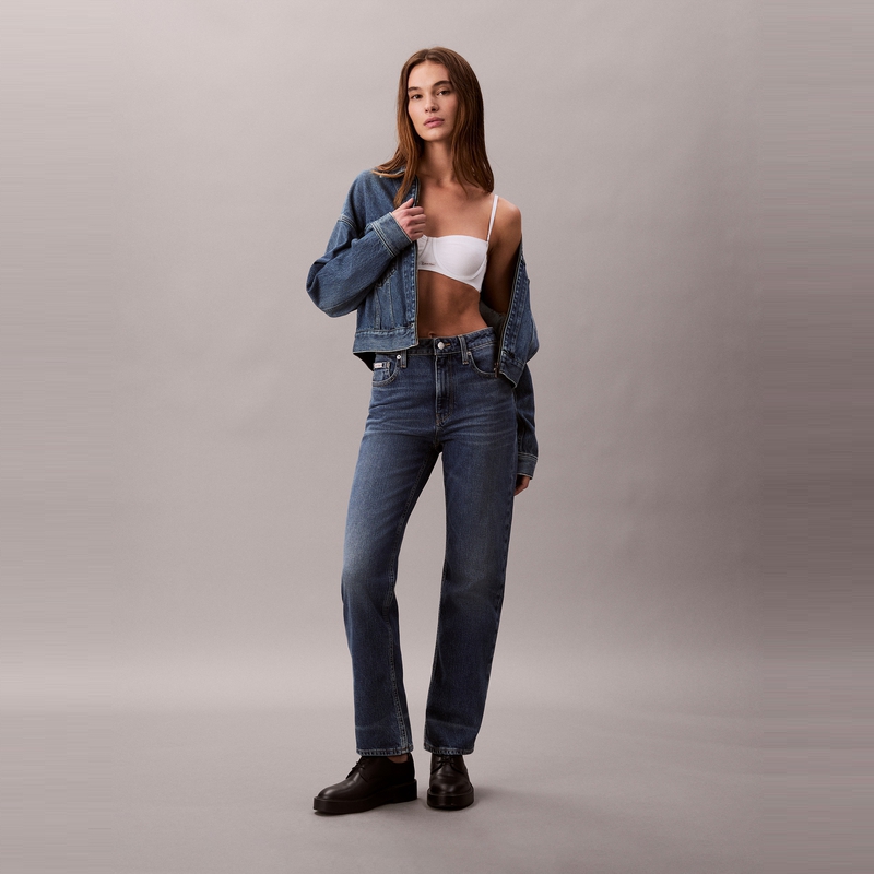 CK Jeans25秋季女士美式覆古蓝色洗水高腰直筒牛仔裤47D743G