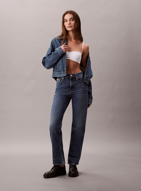 CK Jeans25秋季女士美式覆古蓝色洗水高腰直筒牛仔裤47D743G