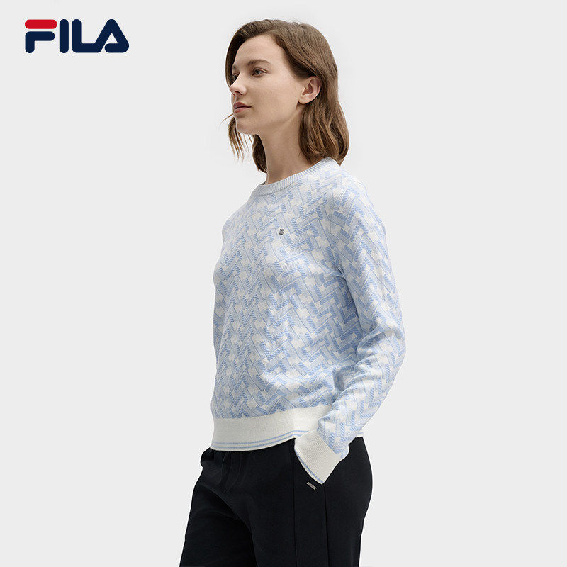 FILA 斐乐官方女子编织衫2025春撞色几何提花套头毛衣F61W613499A