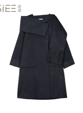 BSiEE本涩简约气质加厚复古围巾长大衣毛呢外套