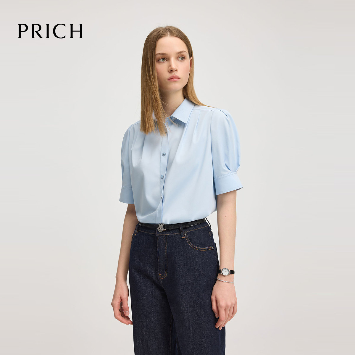 PRICH时尚通勤翻领衬衫2025夏季 单排扣短袖上衣女图片