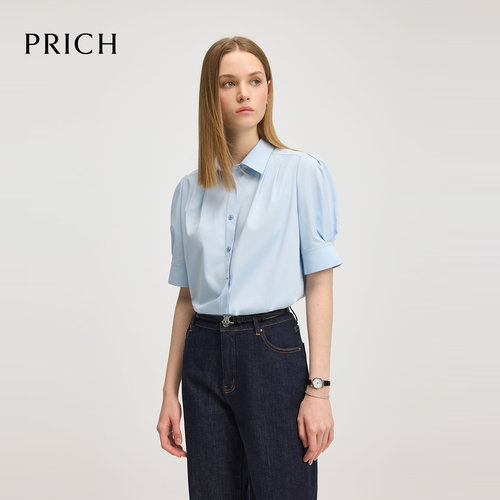 PRICH时尚通勤翻领衬衫2025夏季 单排扣短袖上衣女