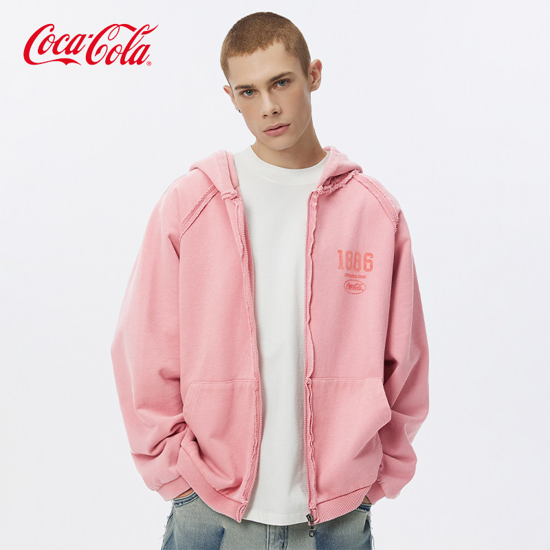 【商场同款】Coca-Cola/可口可乐 水洗做旧植绒印花开衫外套卫衣