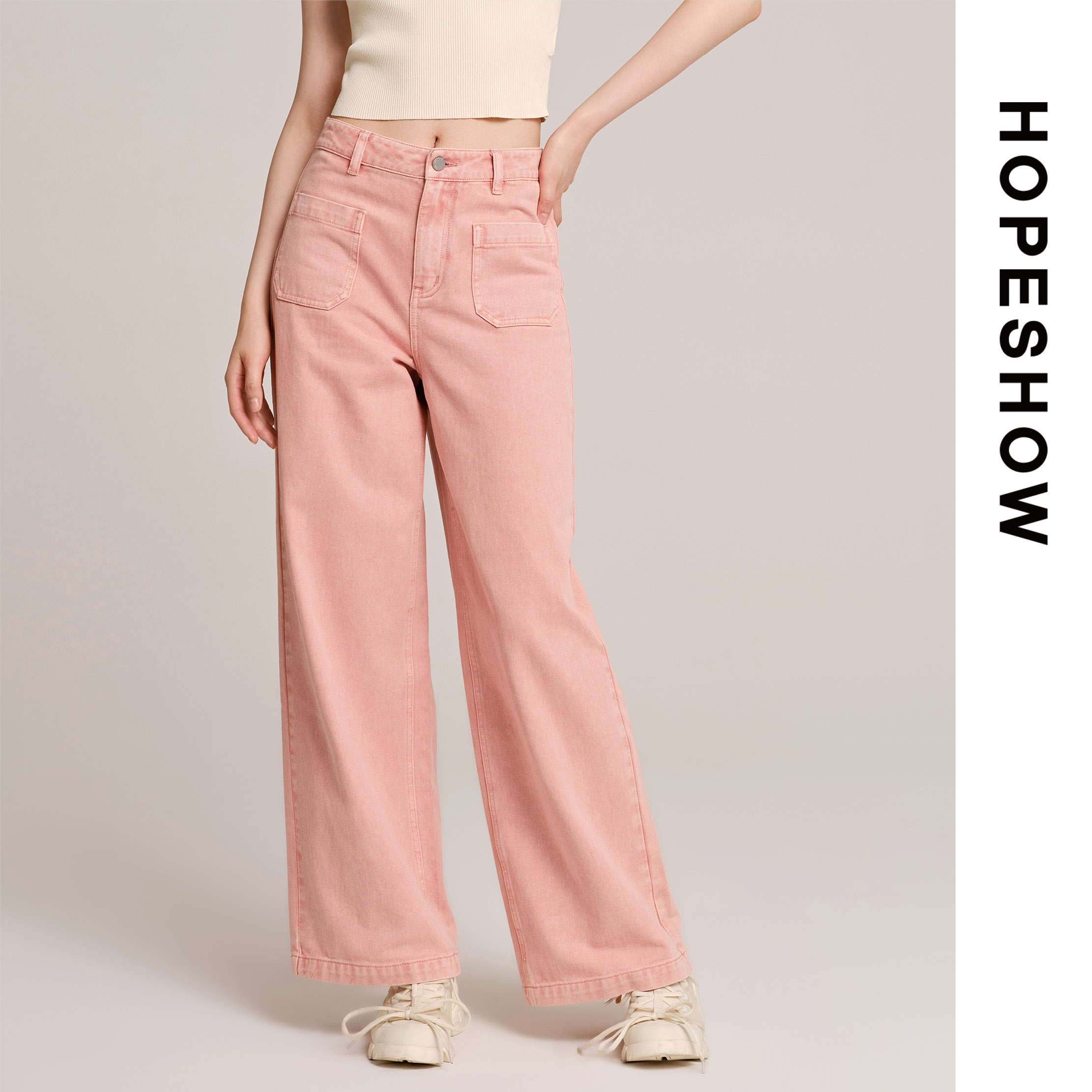 红袖/HOPESHOW粉色牛仔裤秋季女装一粒扣直筒长裤89224261301