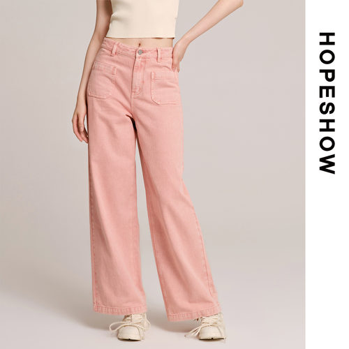 红袖/HOPESHOW粉色牛仔裤秋季女装一粒扣直筒长裤89224261301