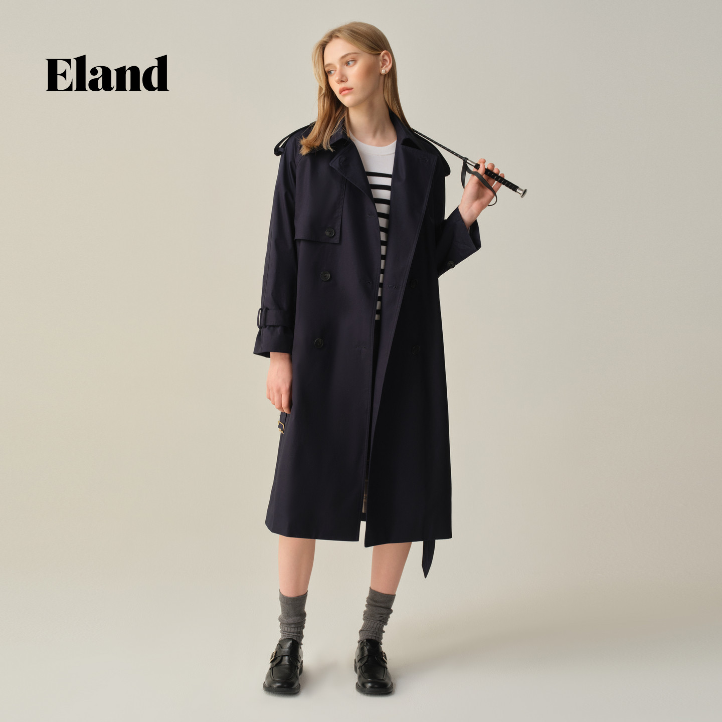 【100%棉】Eland风衣女英伦风双排扣外套2025秋季EEJTF49M01