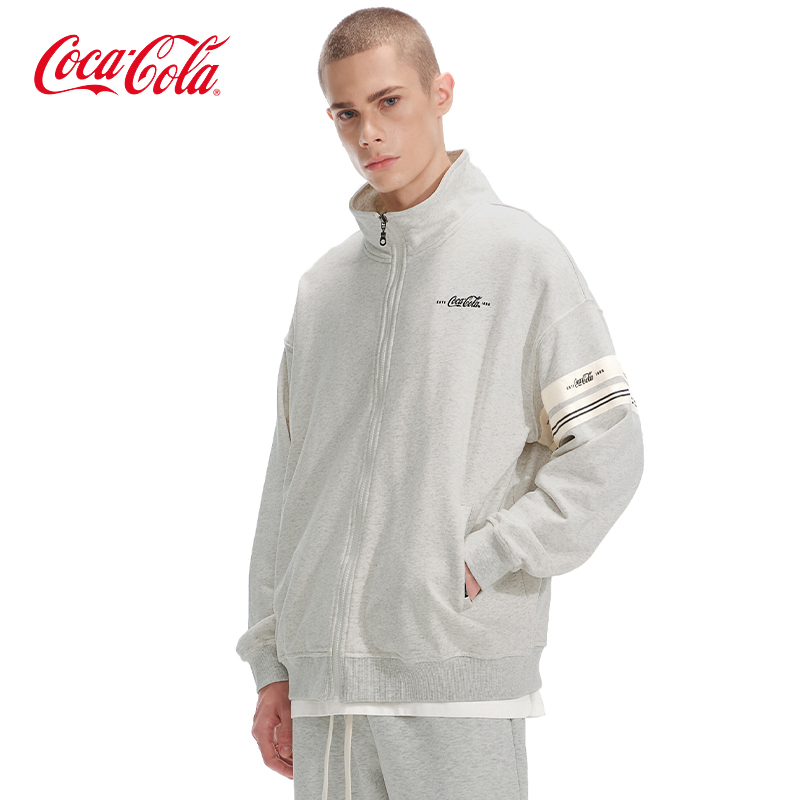 Coca-Cola/可口可乐不对称条纹织带拼接Logo印花立领开衫外套卫衣