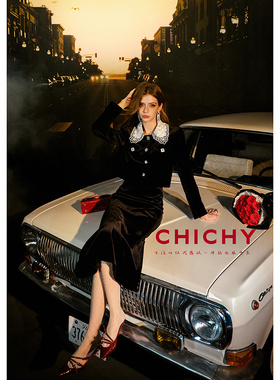 CHICHY法式赫本风黑色丝绒裙装套装CT9E001254