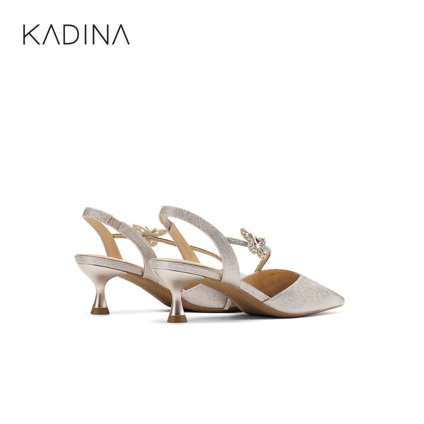 KADINA卡迪娜尖头细跟后空斜条带钻链花瓣钻扣时尚凉鞋女KM261545