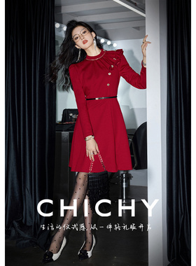 【柔软绵羊毛】CHICHY法式长袖连衣裙红色收腰显瘦裙子CC8F006244