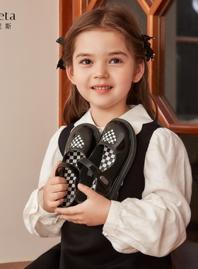 TARANIS/泰兰尼斯秋季女童黑白格爱心装饰皮鞋M03X2C2314