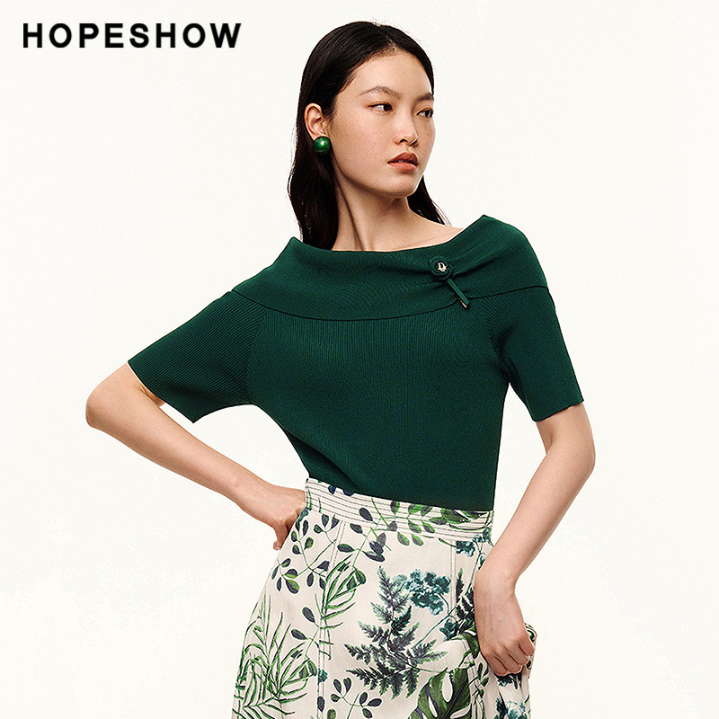 红袖/HOPESHOW一字肩针织衫夏季女装绿色拼接上衣89324170107