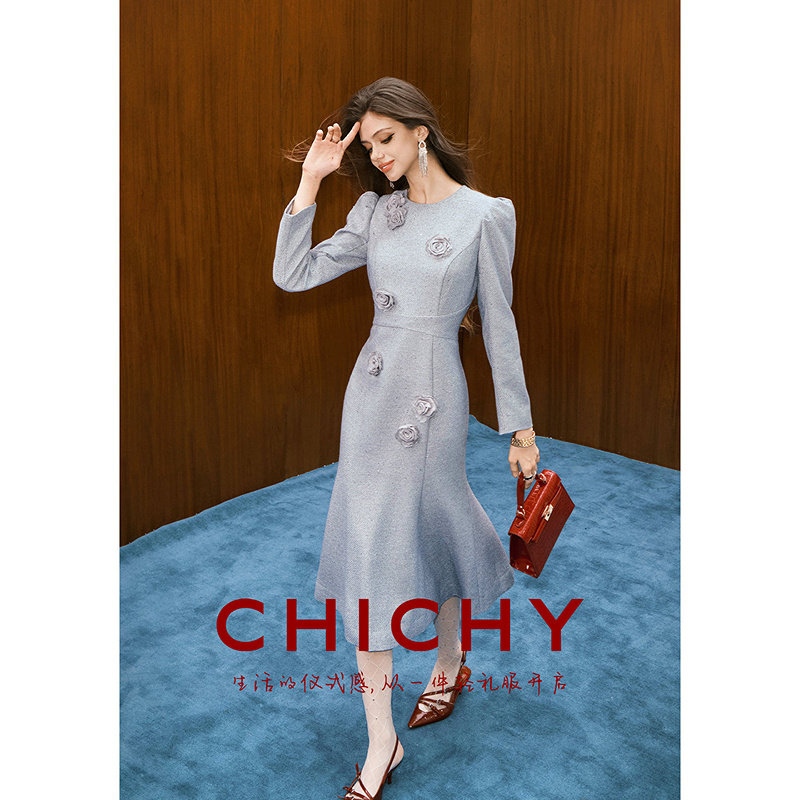 CHICHY法式高级灰色长袖粗花呢收腰修身鱼尾连衣裙CC8F019254