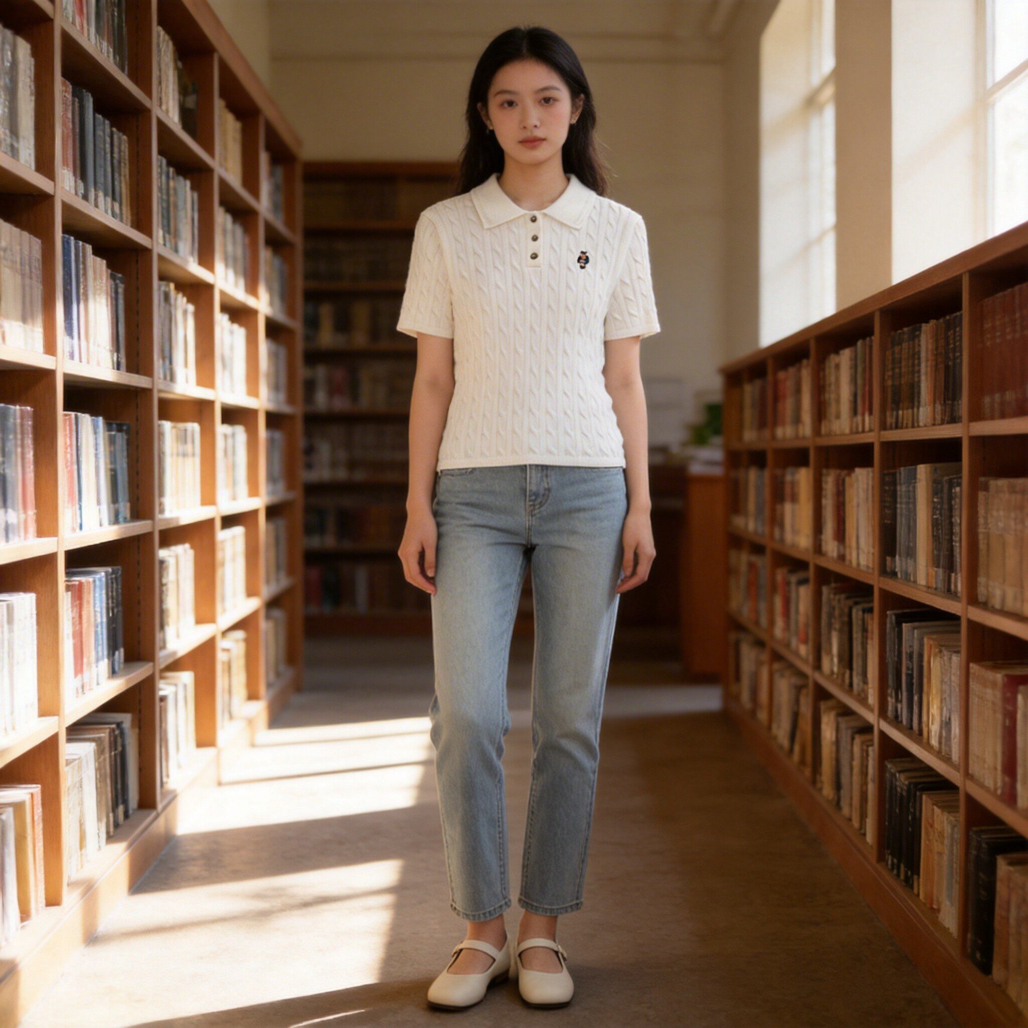 Teenie Weenie刺绣小熊短袖针织POLO衫女复古麻花上衣TTKW26M402Z