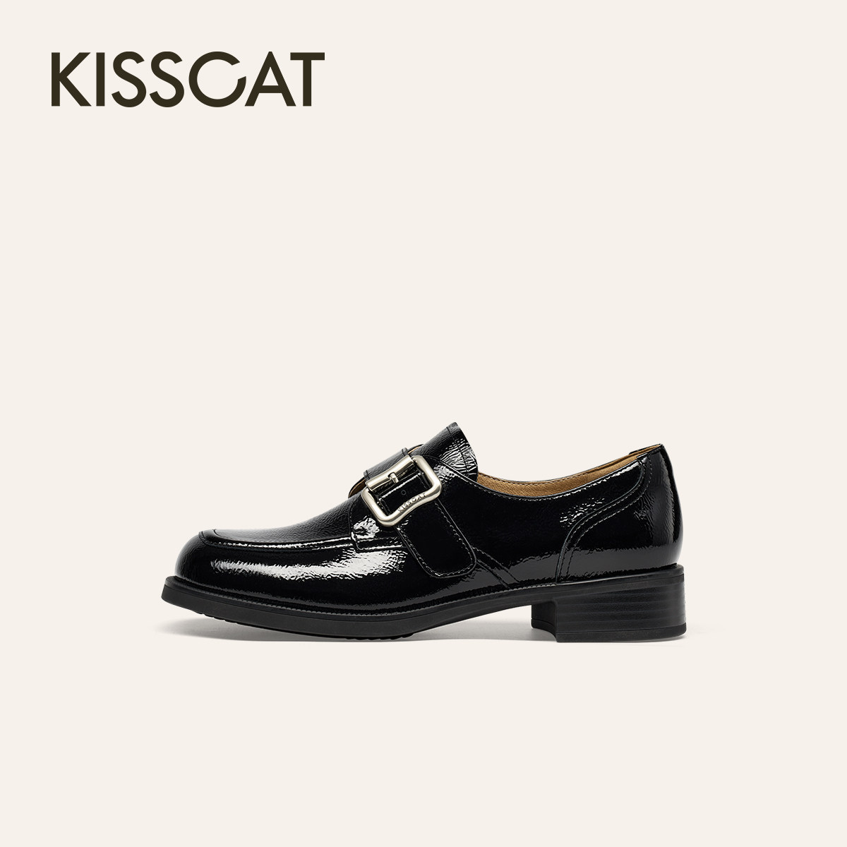 KISCCAT接吻猫26年春魔术贴通勤真皮方头黑色小皮鞋女K76104A-51,女鞋,乐福鞋（豆豆鞋）,淘宝优惠券,粉丝福利购,淘宝优惠卷