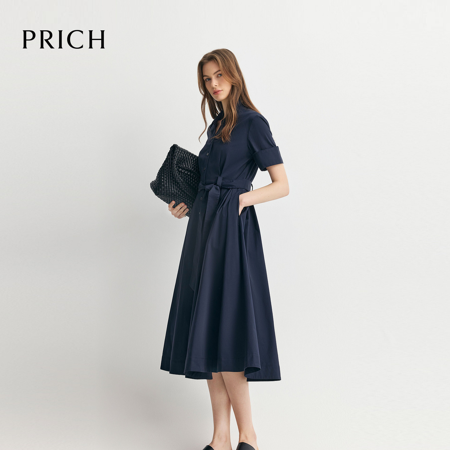 PRICH时尚翻折袖口V领衬衫收腰洋装休闲通勤裙子女PROWG6431M图片