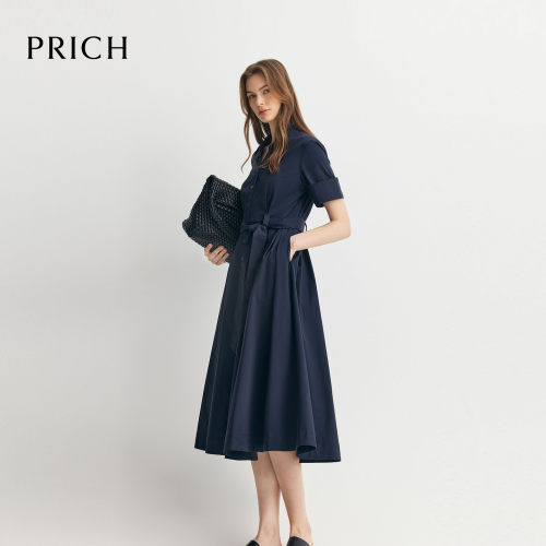 PRICH时尚翻折袖口V领衬衫收腰洋装休闲通勤裙子女PROWG6431M