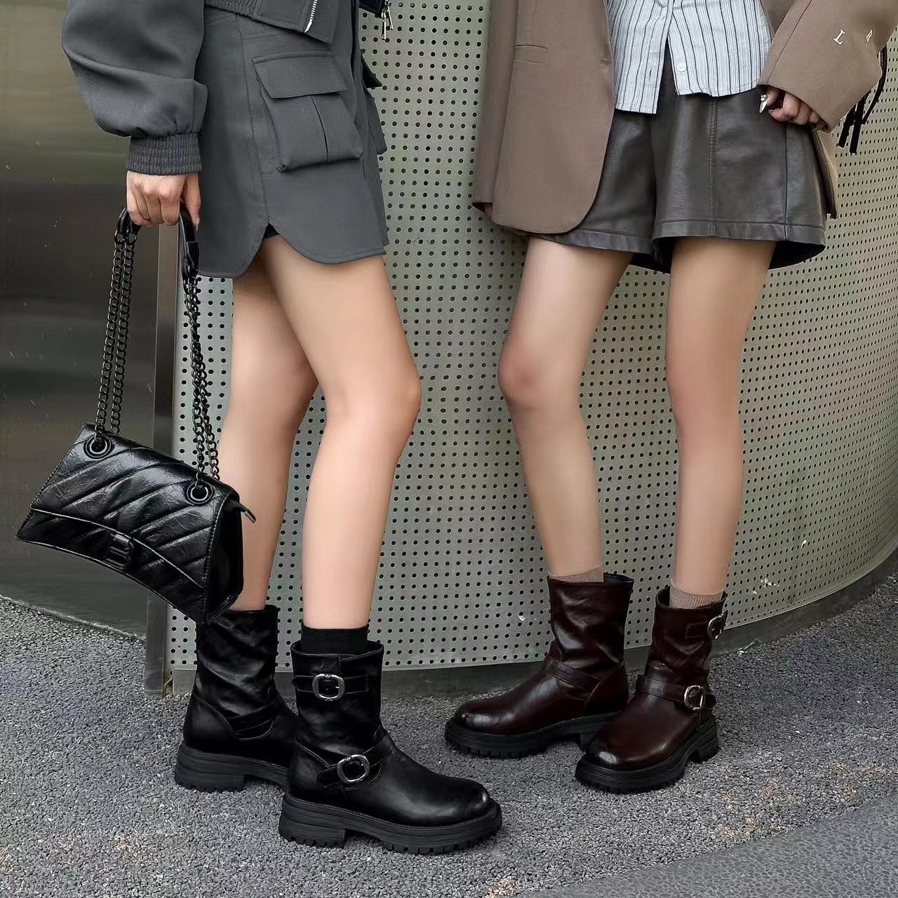 珂卡芙2024冬款单里英伦风皮带扣机车骑士靴1441A3312