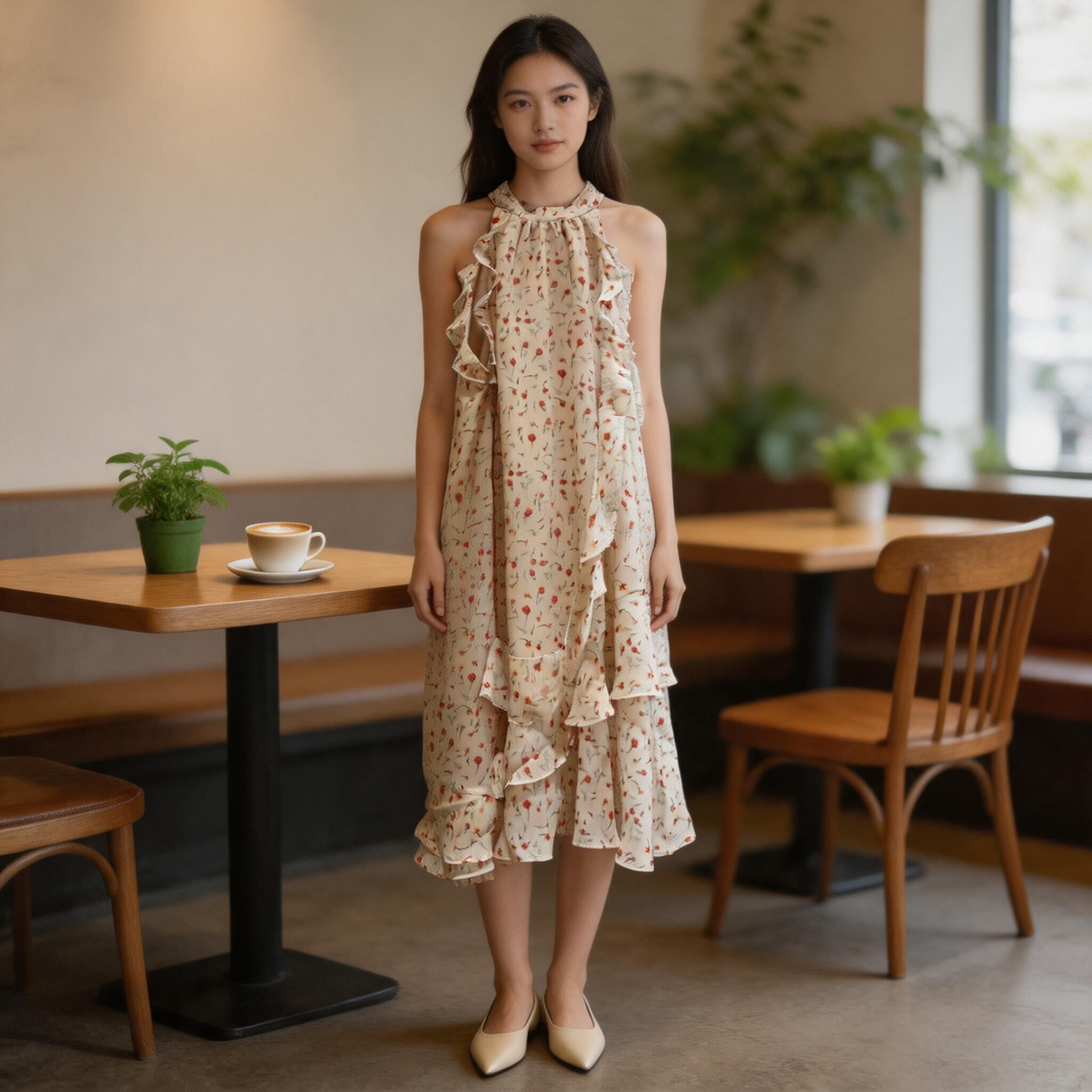 Teenie Weenie碎花挂脖连衣裙夏仙气荷叶边度假中长裙TTOW26M506Z