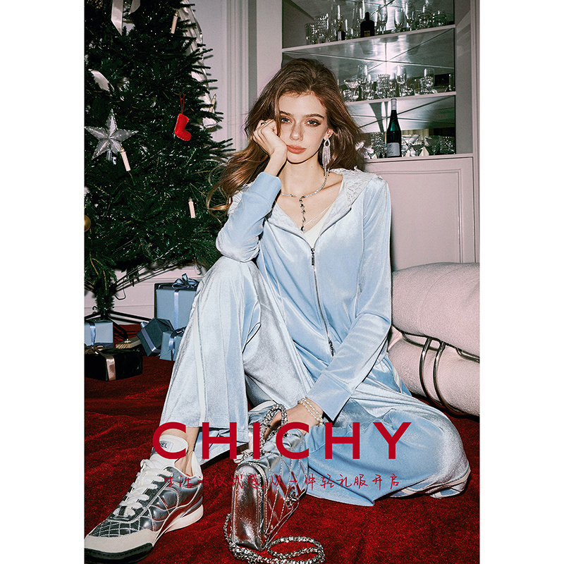 CHICHY洋气修身蓝色丝绒运动套装CT9E002261