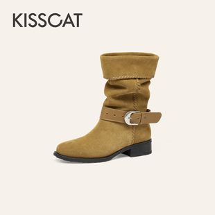 KISSCAT接吻猫[时光诗人]25新棕色复古牛仔靴堆堆靴KA65783-11