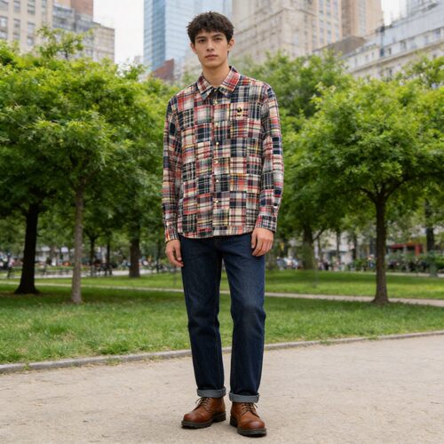 Teenie Weenie小熊男装复古百家布拼接格纹衬衫TNYC252504D